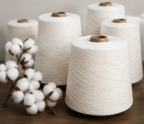 Cotton yarn cones with natural cotton bolls